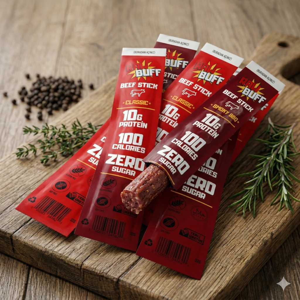 Raw Buff Classic ve Smoky BBQ beef stick ürünleri
